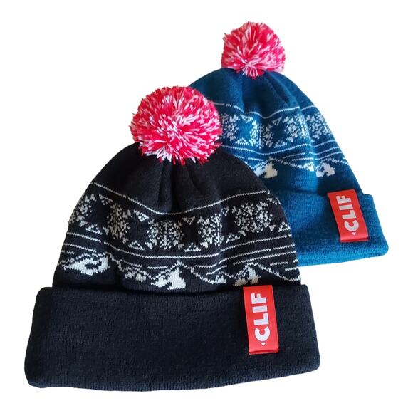 Clif Pom Knit Cuffed Blue Black Winter Ski Snow Beanie Hat 2 pc Bundle Set - Picture 2 of 4